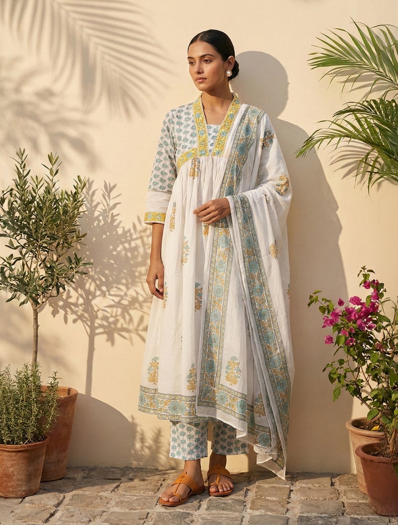 trueBrowns طقم أناركالي كورتا بنطال ودوباتا مطبوع بالأبيض والأصفر من TrueBrowns - Image 1